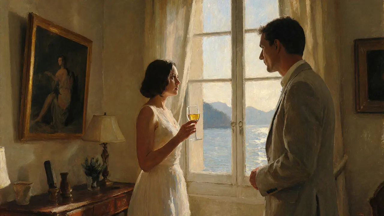 A cultured companion in a lakeside villa discussing art with a client, bathed in golden afternoon light.