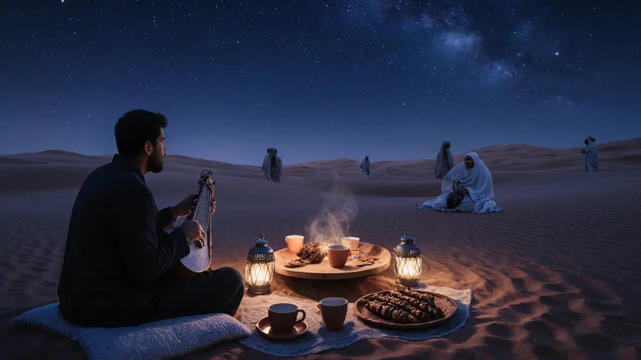 A desert gathering under the stars with coffee, kebabs, and an oud, surrounded by dunes and silence.