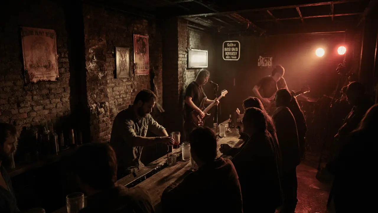 A dim, gritty basement bar with locals, a bartender, and live rock music under flickering lights.