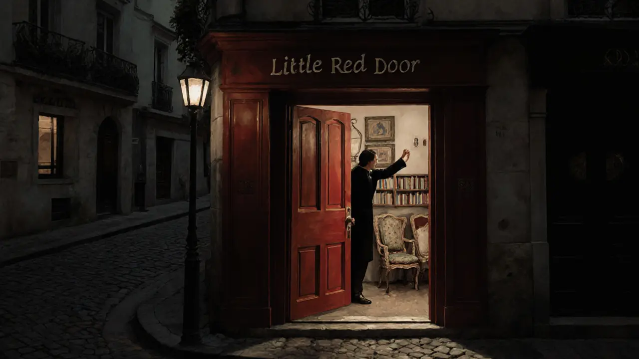 A hidden red door on a Parisian street at night, glowing faintly with the promise of a secret speakeasy.