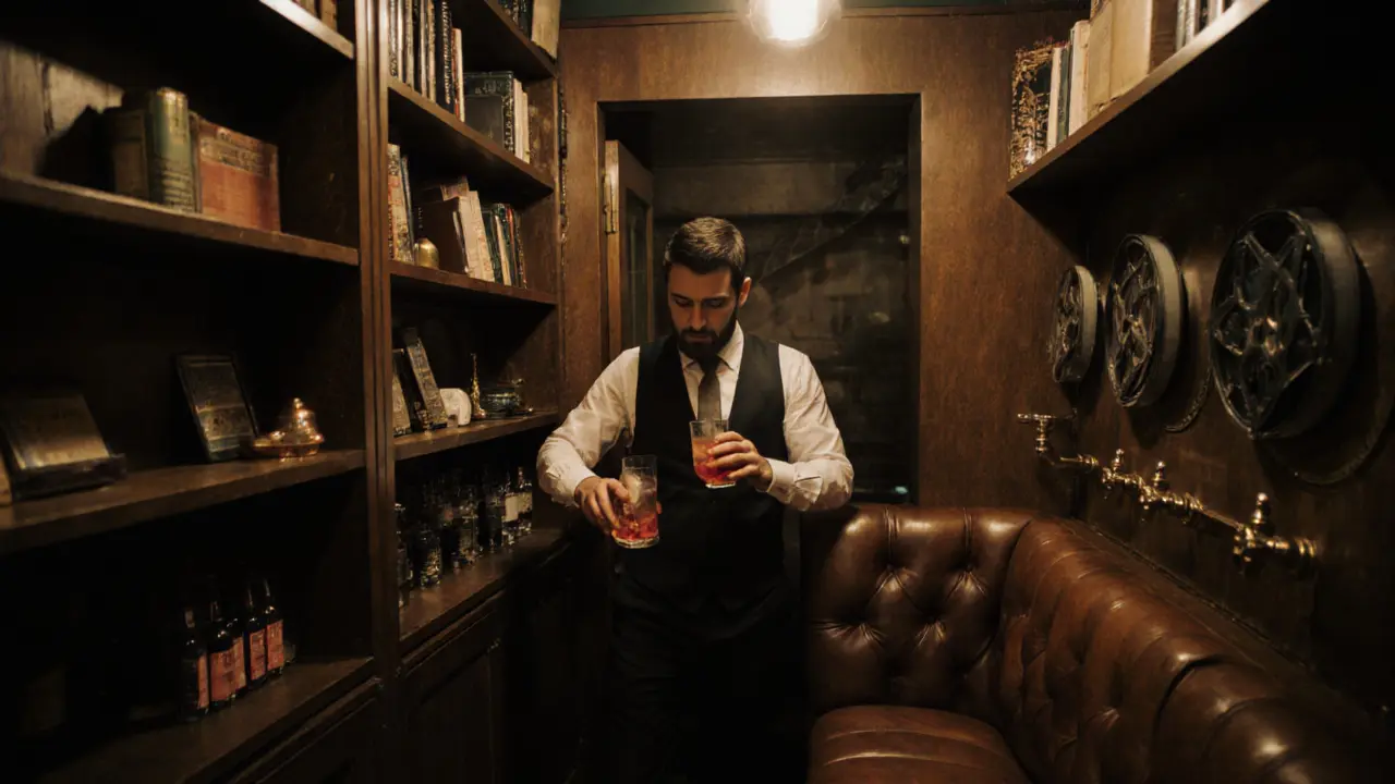 A hidden speakeasy behind a bookshelf, lit by warm glow, with vintage decor and no phones allowed.