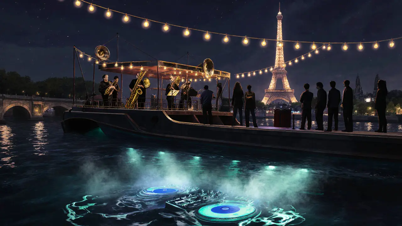 A jazz band plays on a barge&#039;s upper deck while an electro DJ pulses below, sound waves rippling over the Seine at night.