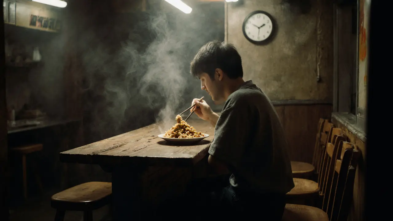 A lone person eating Japanese curry rice at a small late-night counter in Soho at 4 a.m.