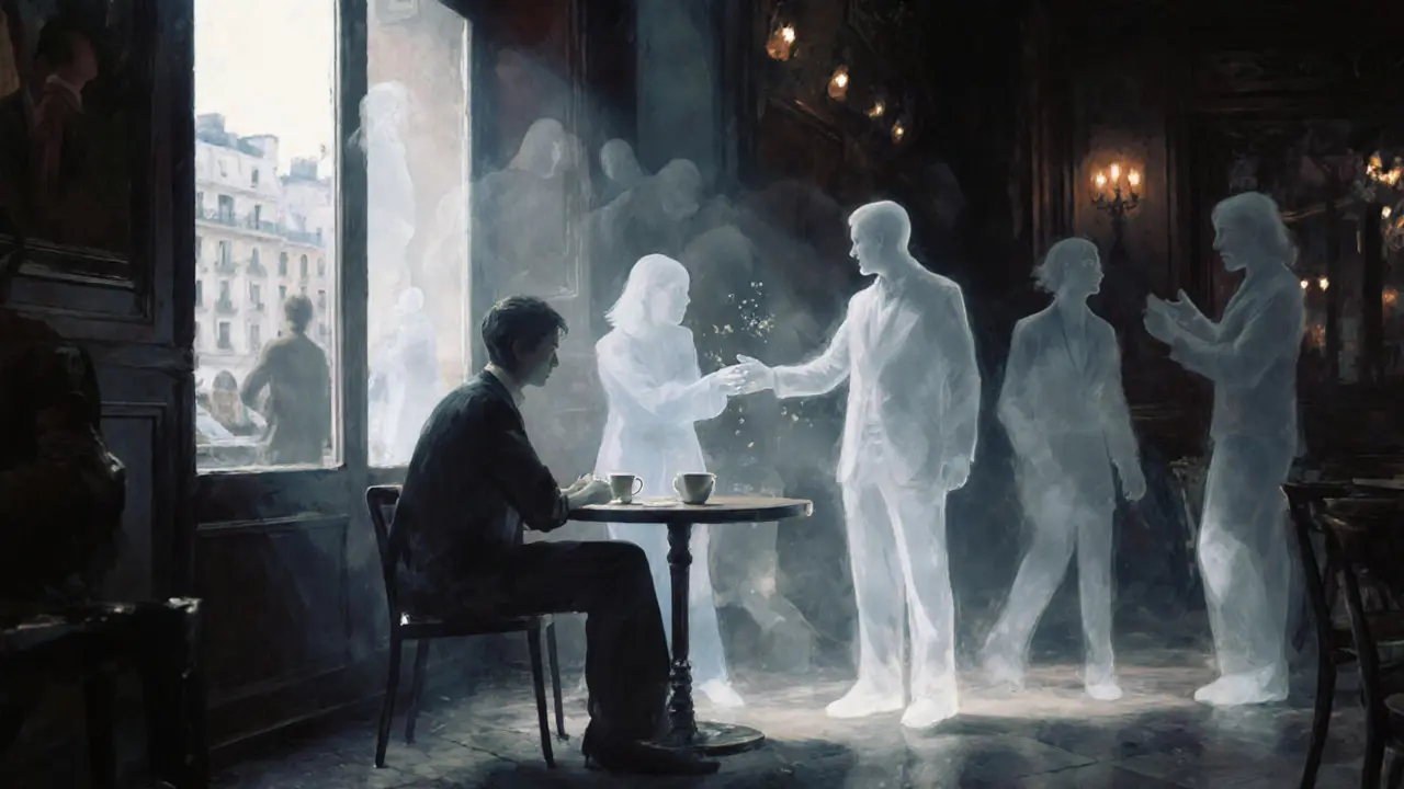 A lonely figure in a café is surrounded by fading social ghosts, while a steady companion offers quiet presence.