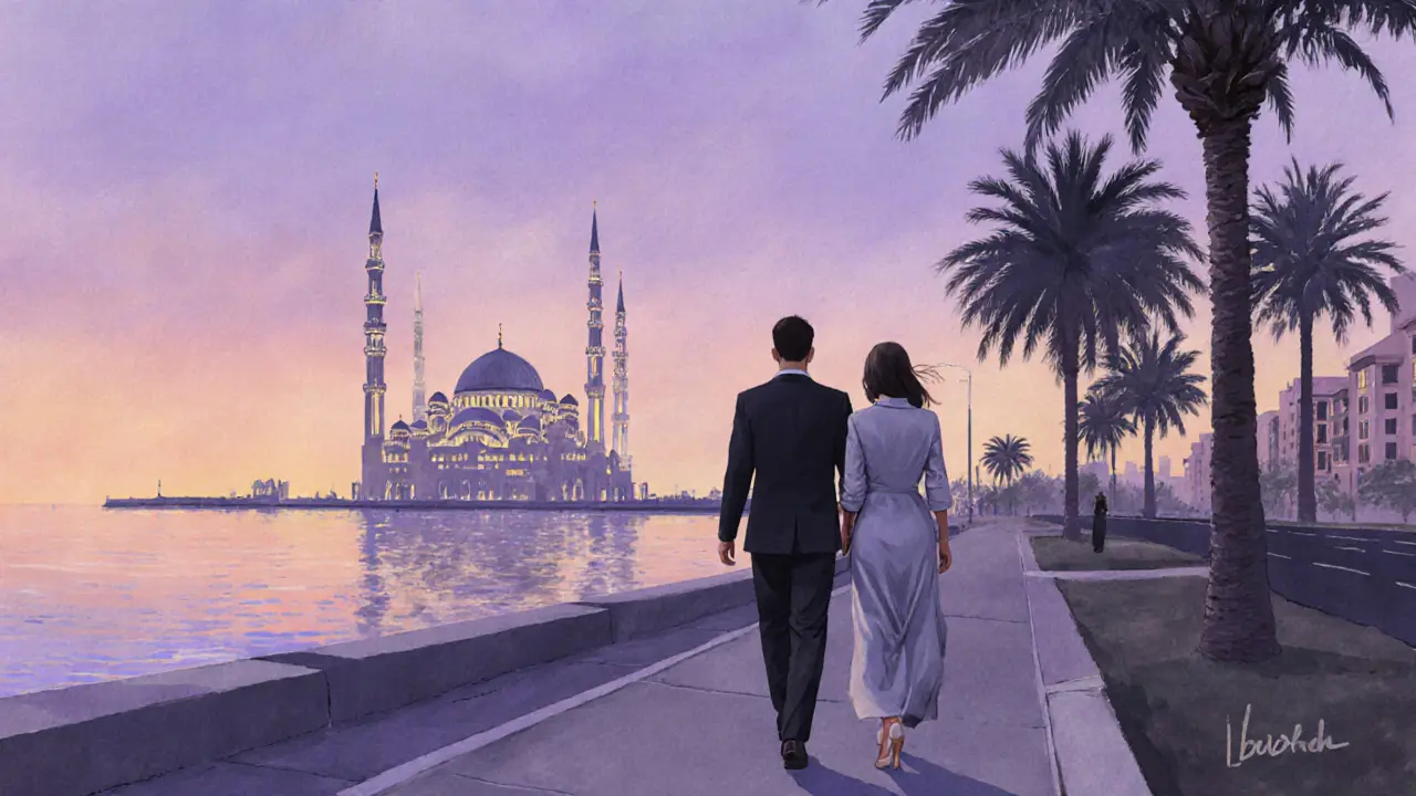 A man and woman walking peacefully along the Corniche at dusk, the Grand Mosque lit up in the distance.