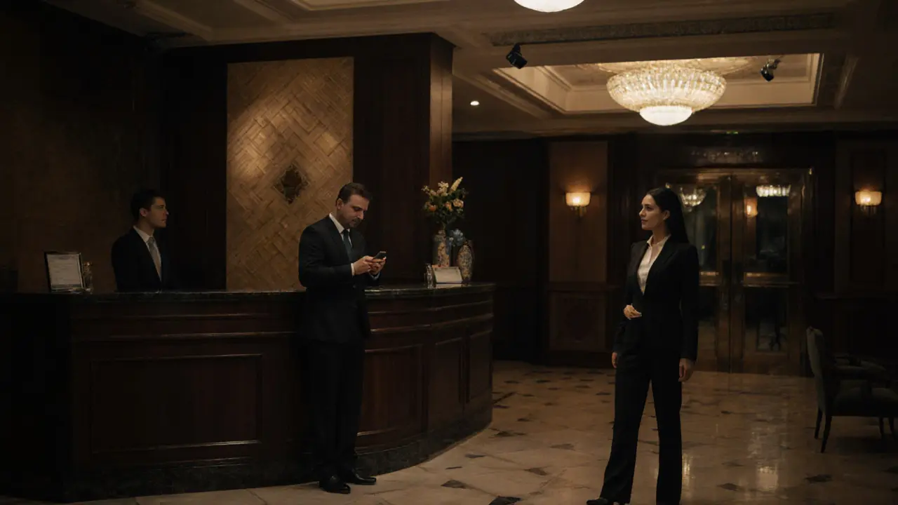 A man texting his location in a hotel lobby while waiting for a professional escort.