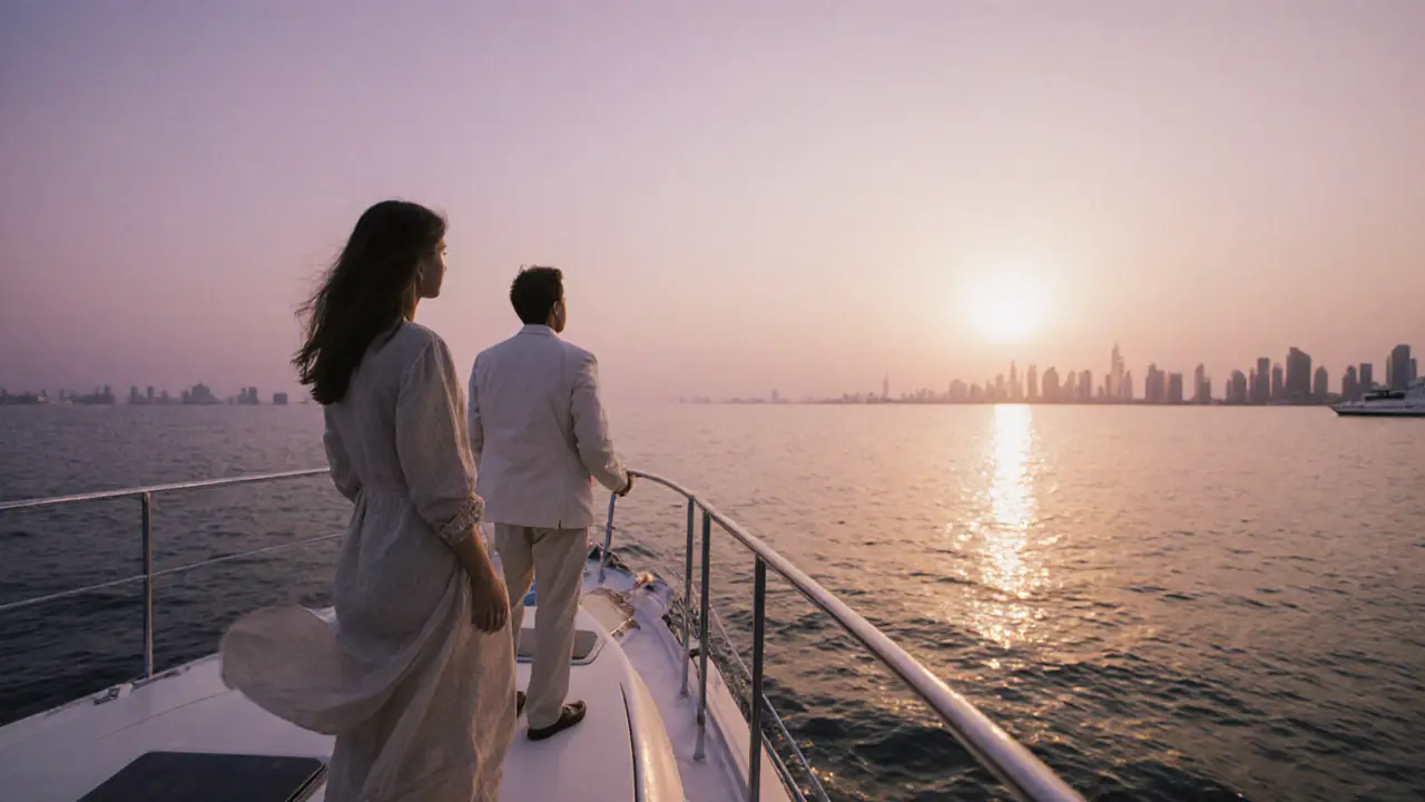 A private yacht at dusk with two figures standing silently at the railing, watching the sun set over the sea.