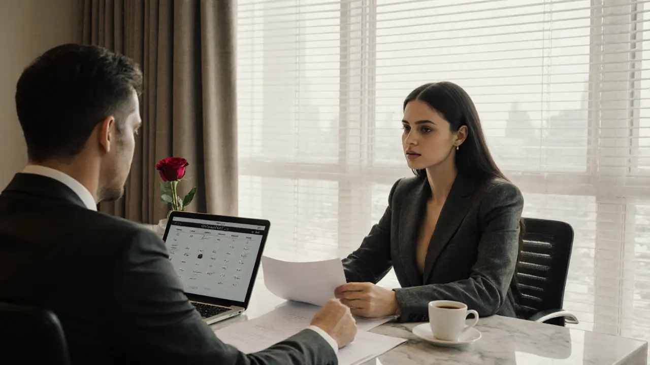 A professional companion seated calmly beside a businessman in a modern hotel lounge, natural light and minimal decor.
