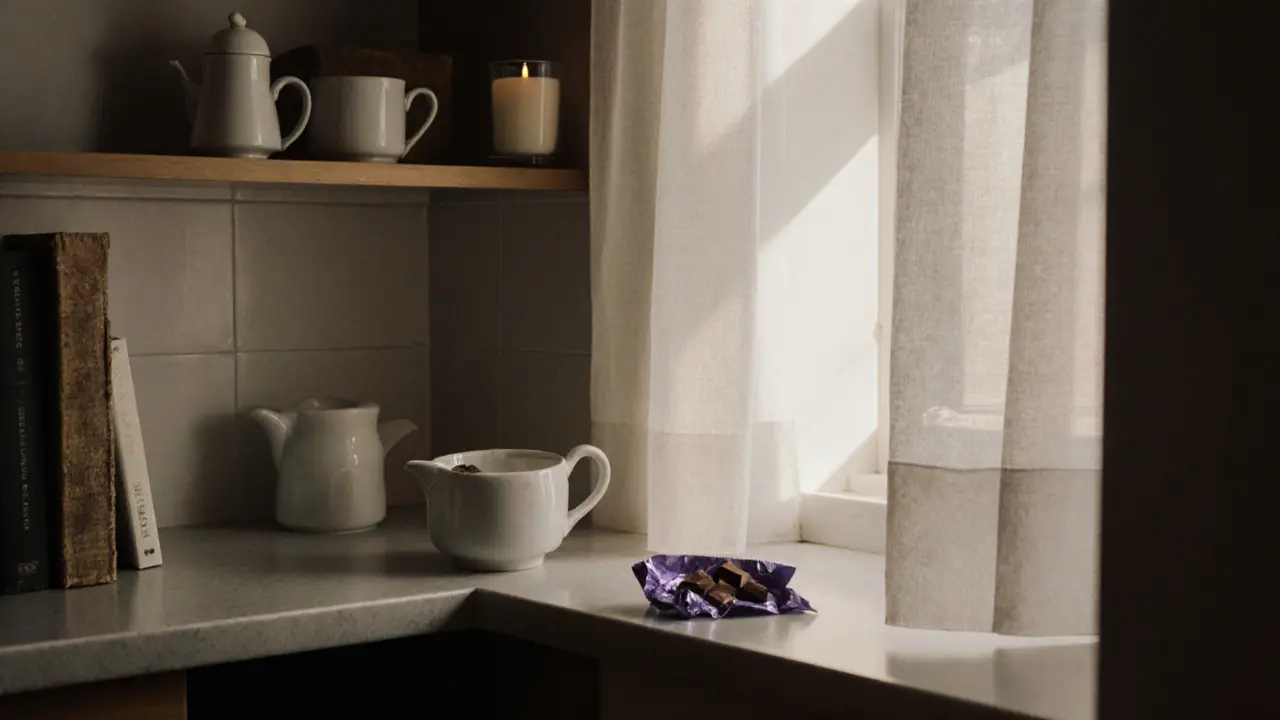 A quiet kitchen shelf in Kensington with a book, tea set, candle, and one leftover chocolate—serene and personal.