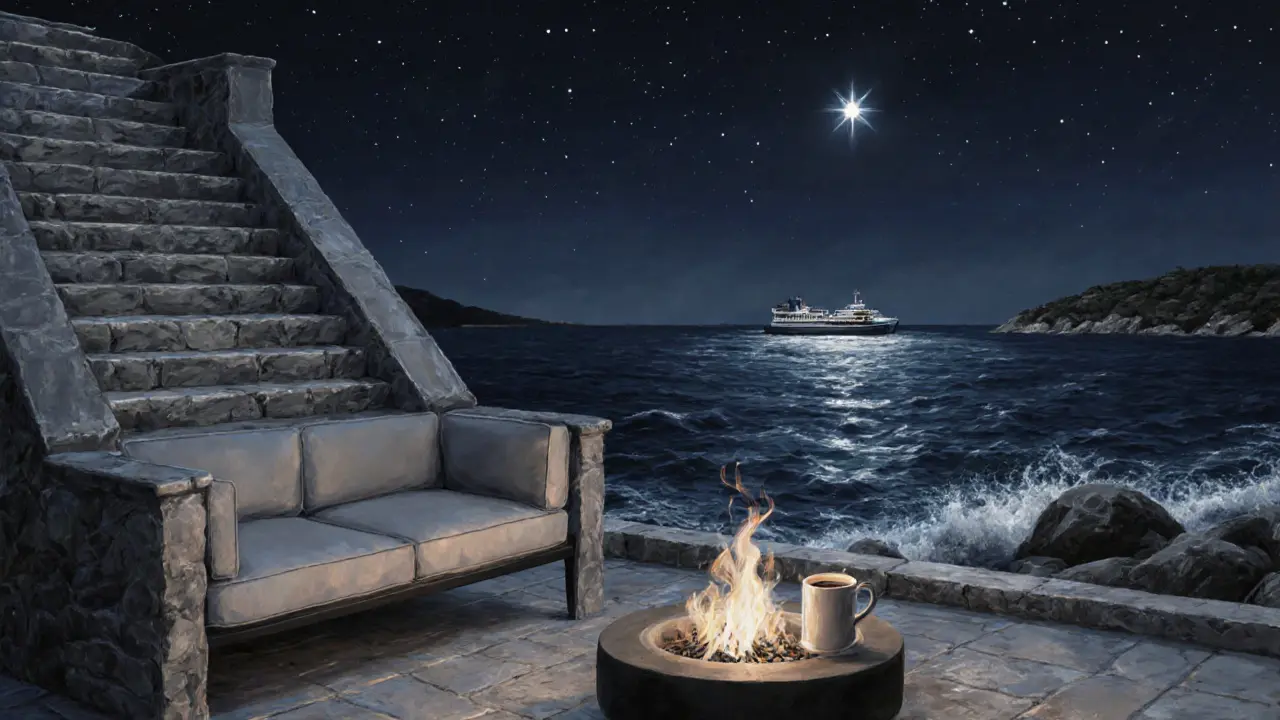 A rooftop lounge at midnight with a fire pit, candlelight, and waves below under a starry sky.