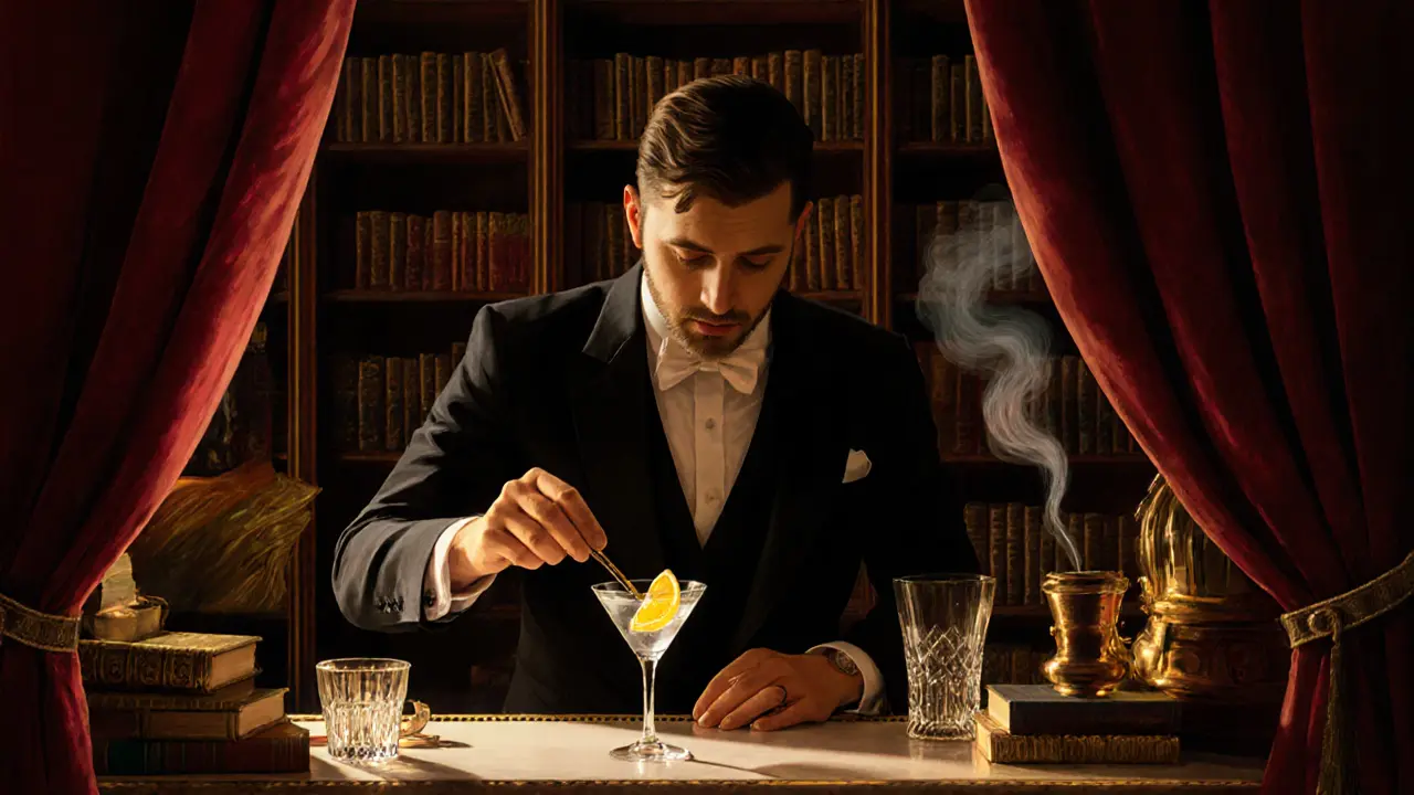 A secret bar alcove with velvet curtains, a bartender stirring a martini under warm golden light.