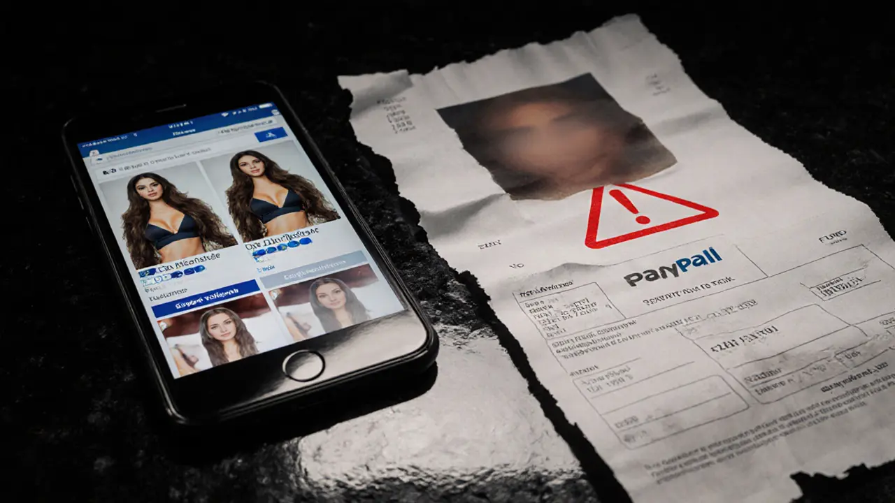 A smartphone screen displaying duplicate escort photos, a PayPal payment, and fake makeup enhancements.
