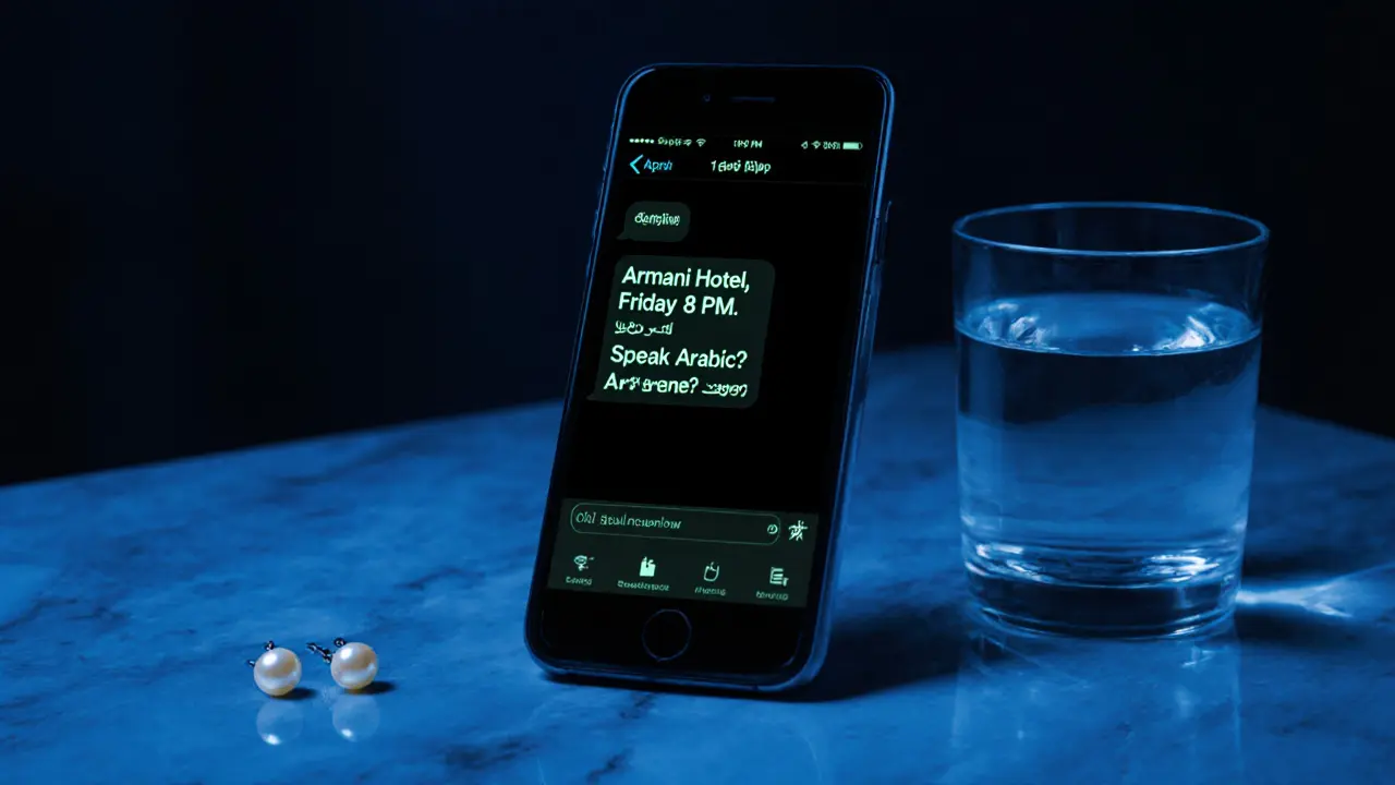 A smartphone screen shows encrypted message about a meeting at Armani Hotel, no faces, only text and ambient light.