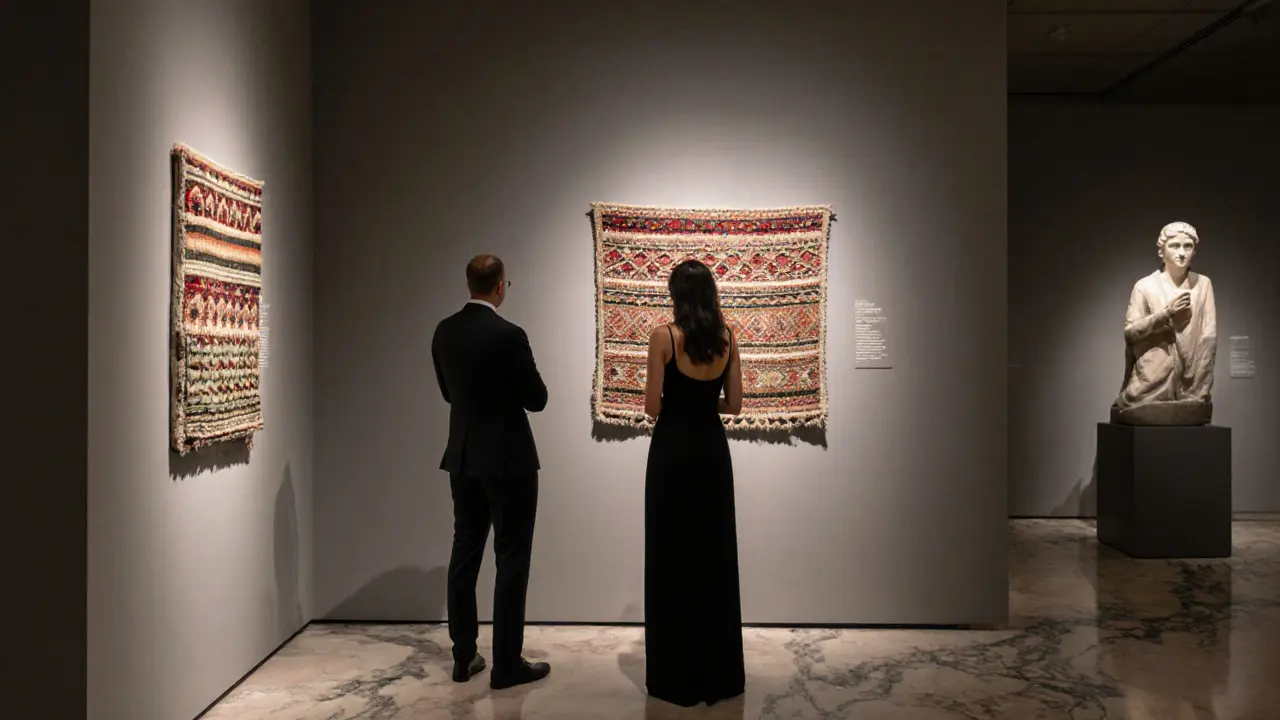 A sophisticated couple quietly viewing a traditional textile exhibit in the Louvre Abu Dhabi.