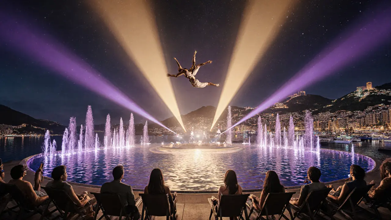 A surreal nighttime stage show above water with acrobats, lasers, and fountains in Monaco.