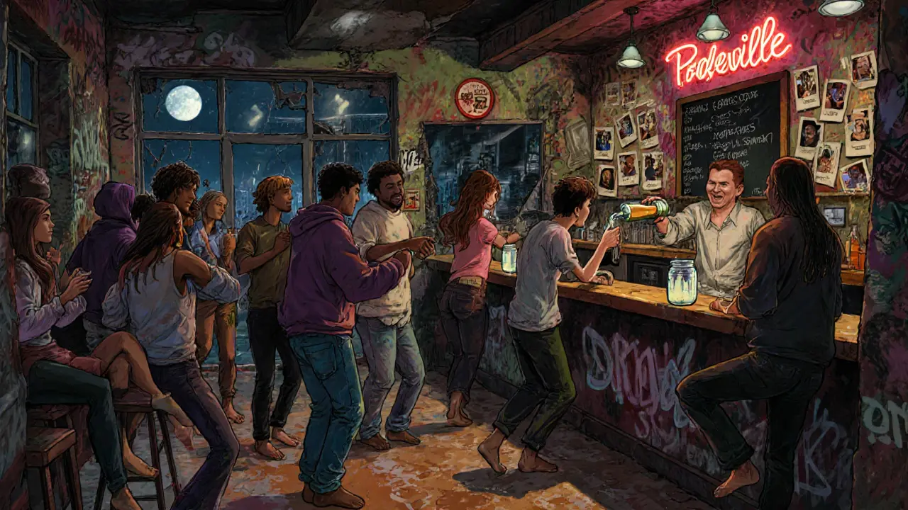 A vibrant boho bar in Belleville with people dancing in hoodies, mason jar drinks, and graffiti walls.