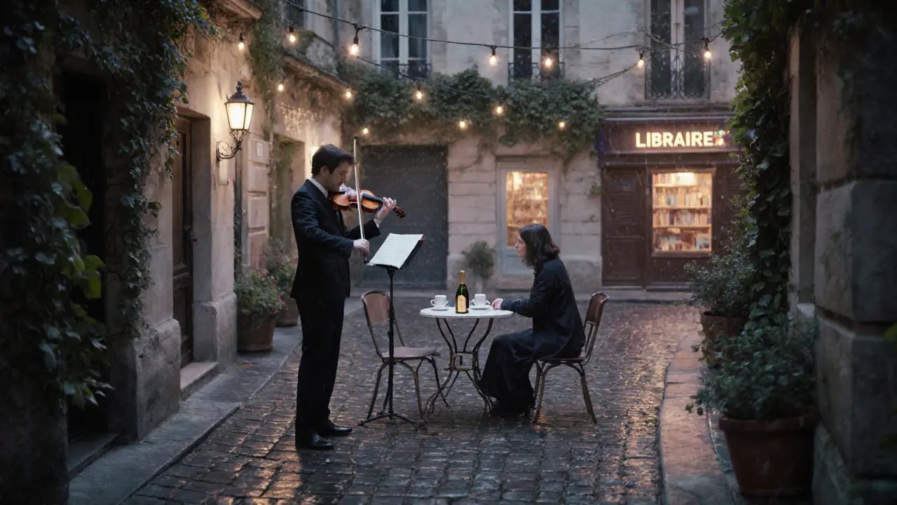 A violinist plays in a hidden Parisian courtyard as two figures enjoy Champagne at twilight.