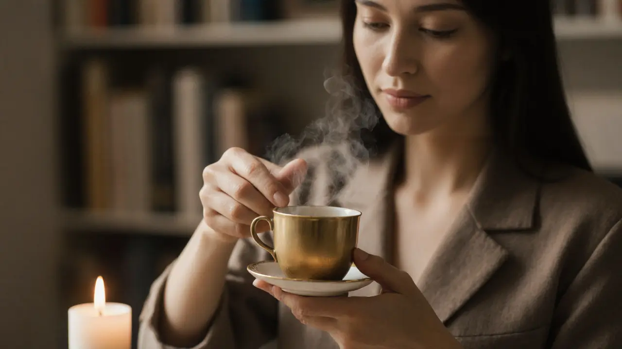 A woman&#039;s hands pour tea with calm grace, surrounded by soft light and subtle elegance.