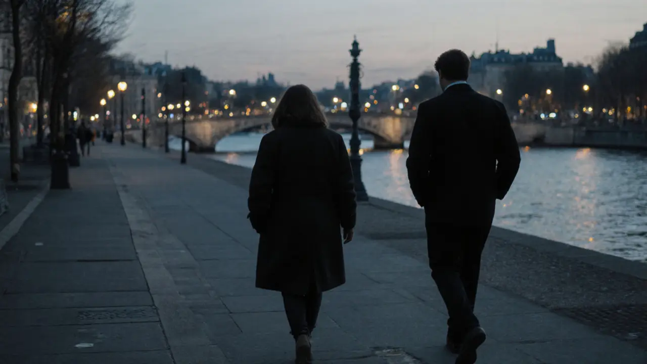 A woman and man parting ways quietly by a canal at dusk in Paris, no physical contact, serene atmosphere.