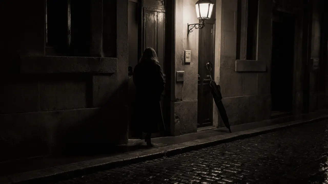 A woman exiting a historic Milan building at twilight, her silhouette framed by a streetlamp, rain-slicked cobblestones below.
