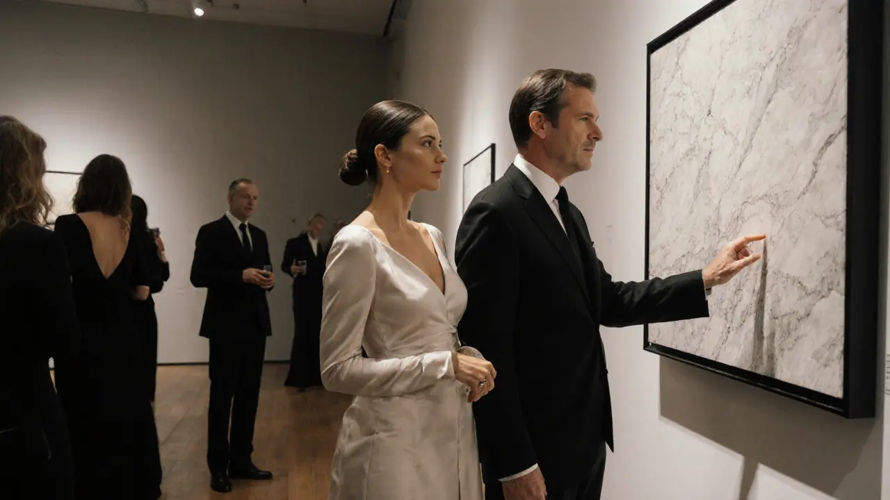 A woman explaining art to a client at a private gallery opening during Milan Fashion Week.