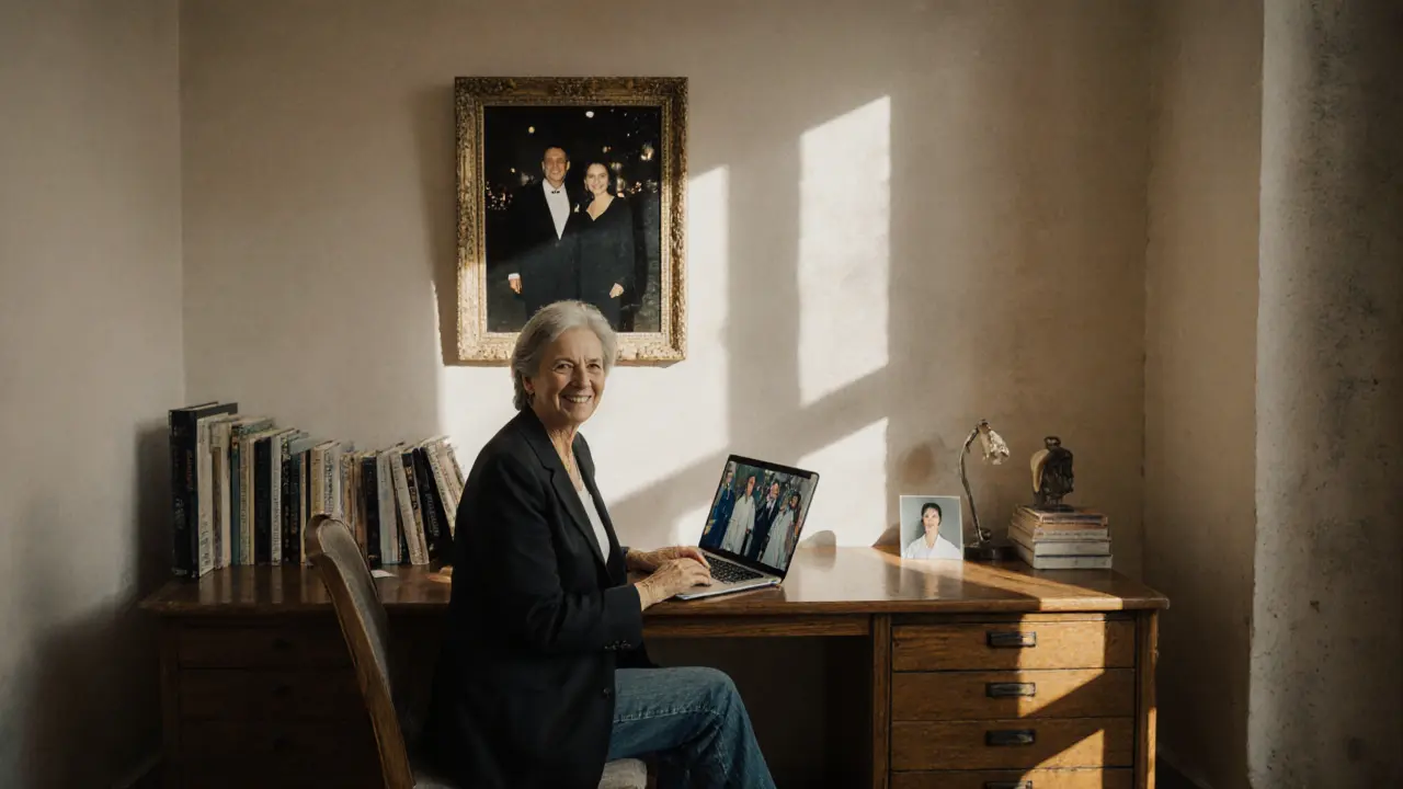 A woman in a study, balancing her career as a curator with her role as a cultural companion.