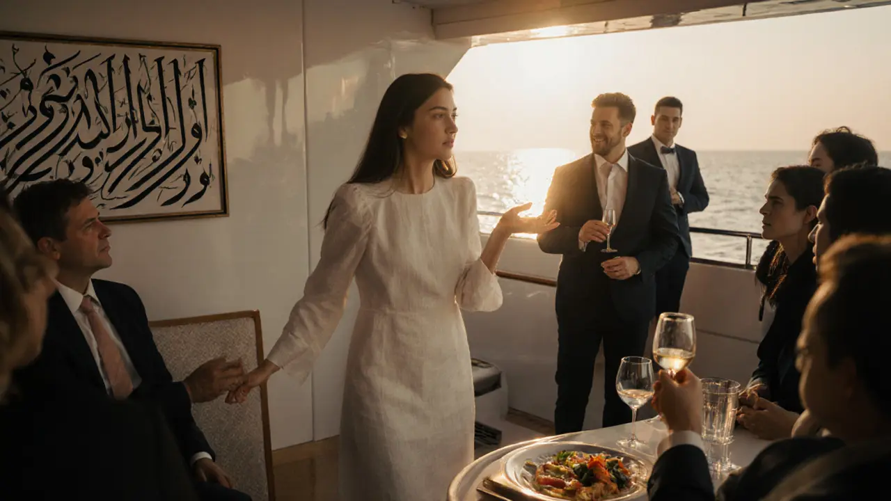 A woman in white linen conversing with international guests on a luxury yacht at sunset, Dubai skyline in the background.