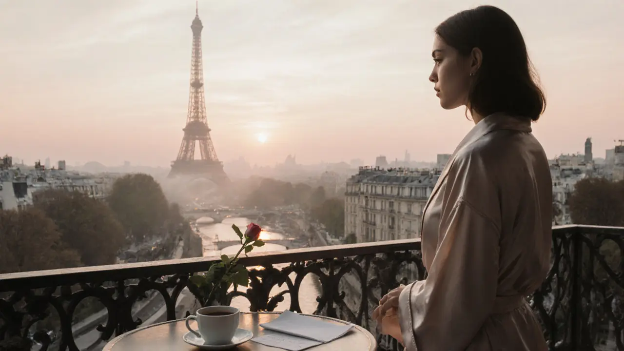 A woman stands alone on a balcony at dawn, gazing at the Eiffel Tower as the city wakes up.