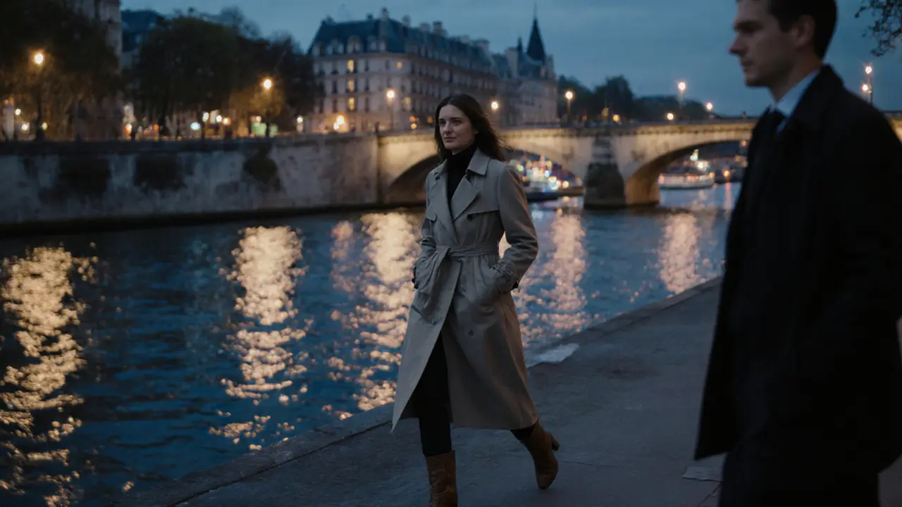 A woman walking alone by the Seine at night, rain reflecting soft city lights.