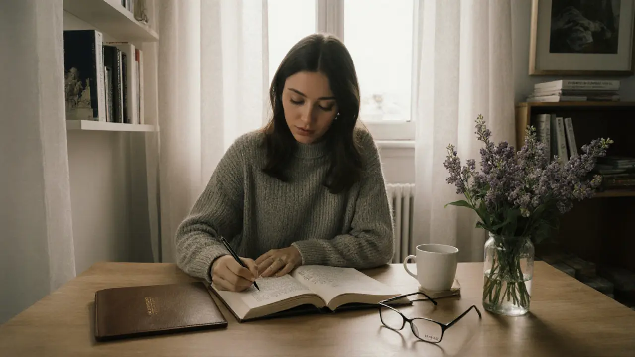 A woman writing in a journal in her minimalist Milan apartment, morning light streaming through sheer curtains.