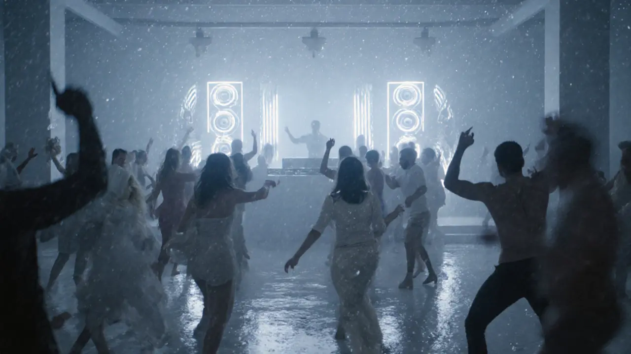 All-white nightclub with energetic crowd dancing under pulsing lights, bass vibrations felt through the scene.