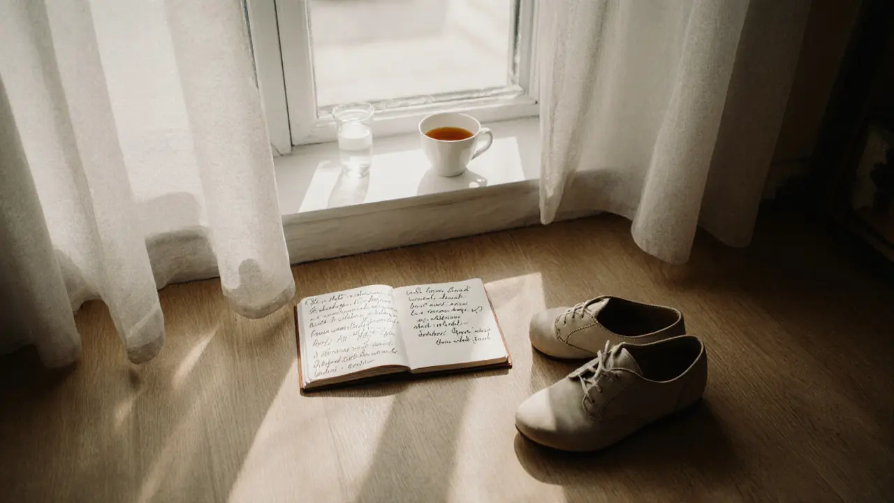 An empty apartment near Tiergarten with sunlight on the floor, teacup and notebook left behind.