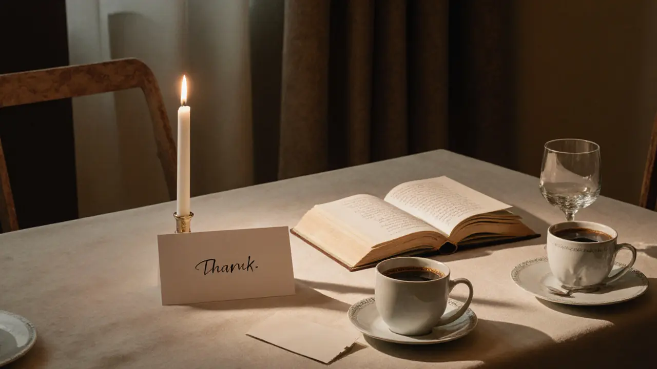 An empty elegant dining room with coffee service and an open book of poetry, candlelight casting soft shadows.