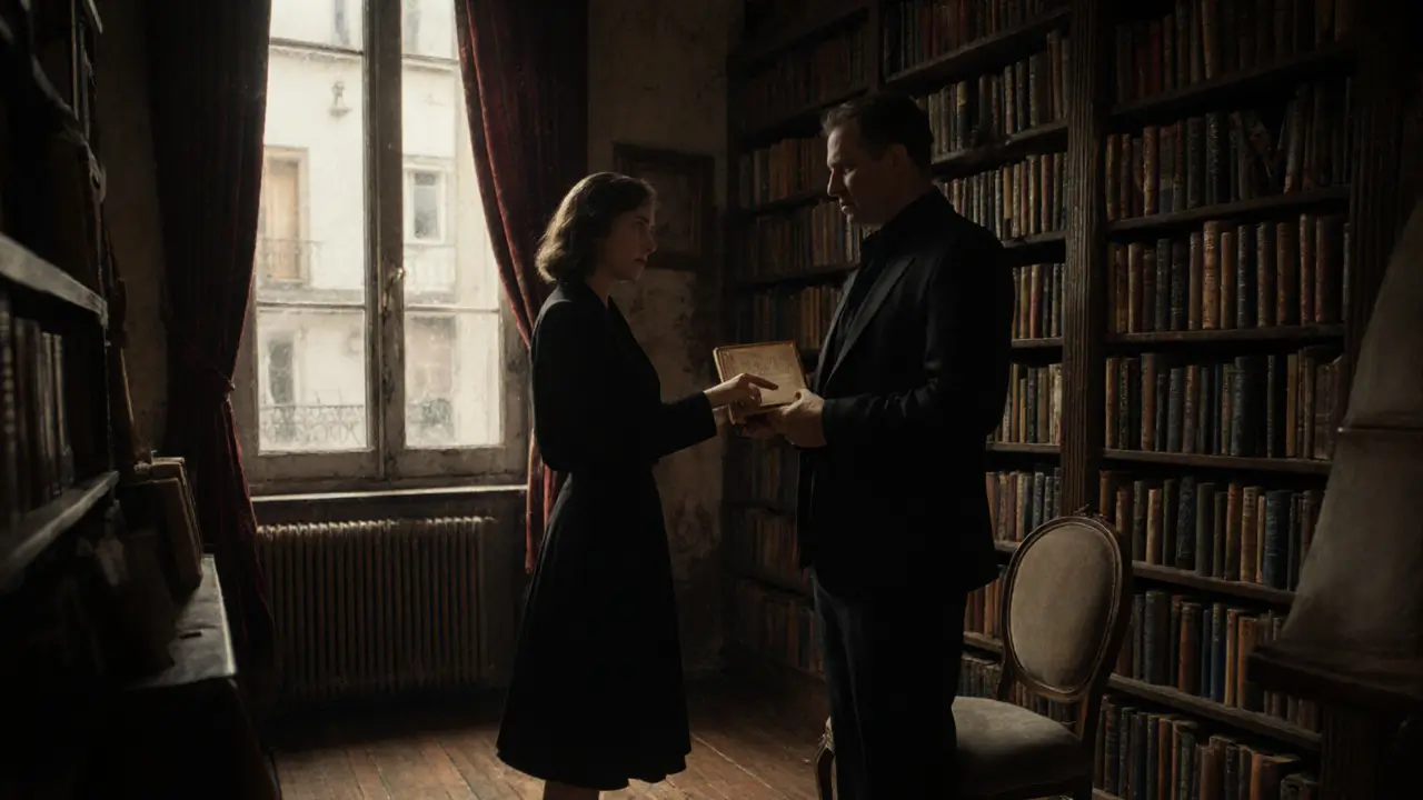 An escort and client browsing books together in a quiet Parisian bookstore, afternoon light streaming in.