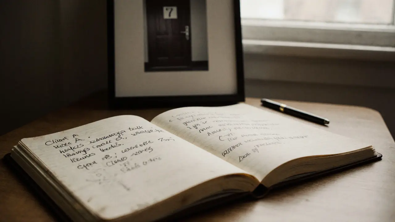 An open notebook with handwritten client notes rests on a desk, revealing the quiet care behind professional companionship.