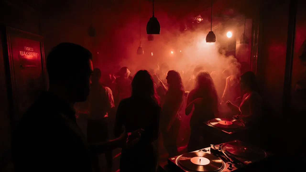 An underground club with dim red lighting and a crowd dancing to techno music in a hidden venue.