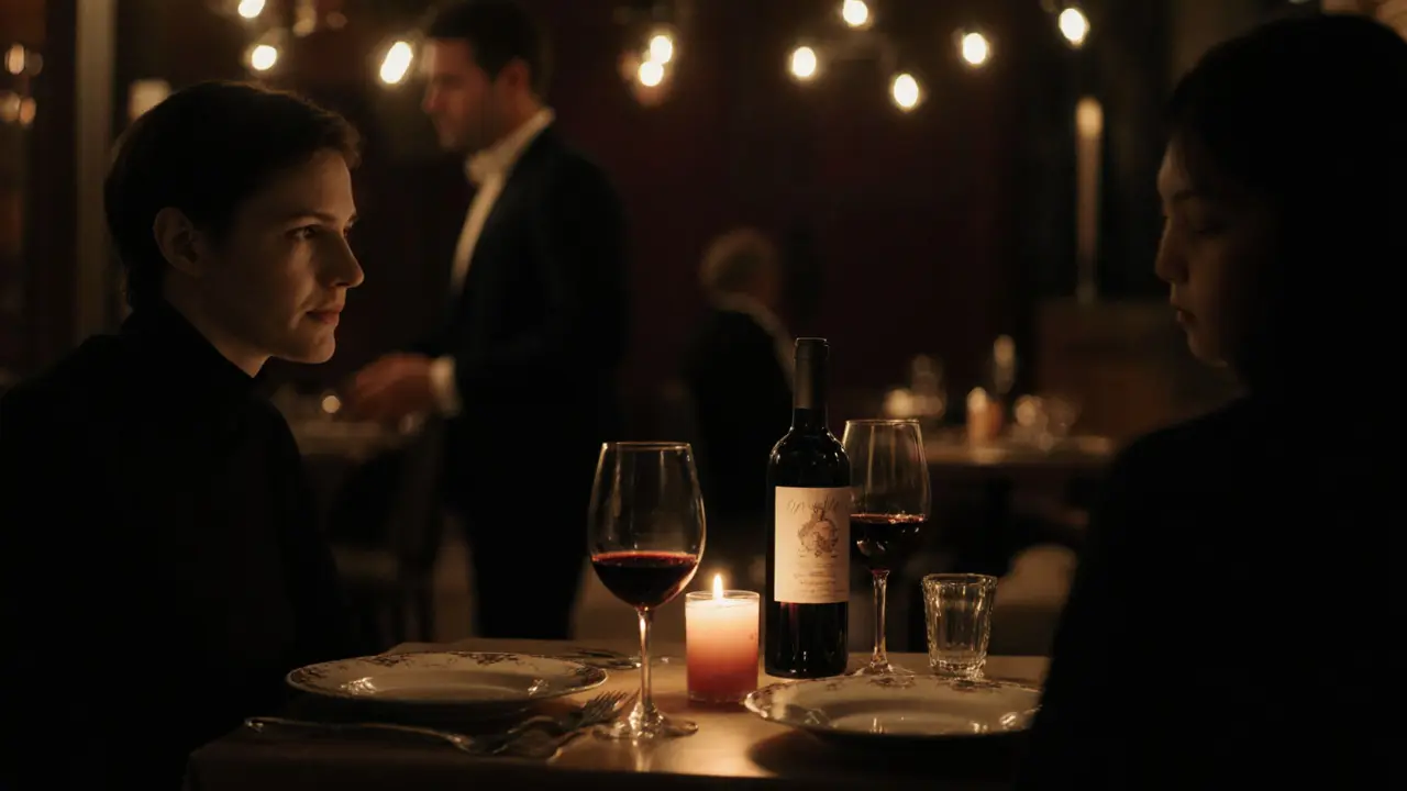 Candlelit dinner in a refined Berlin restaurant, couple sharing wine in quiet conversation.