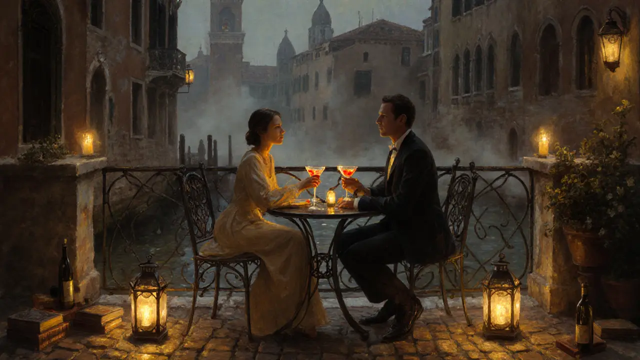 Candlelit terrace in Brera with two people sipping Negronis under soft lantern light and cobblestones.