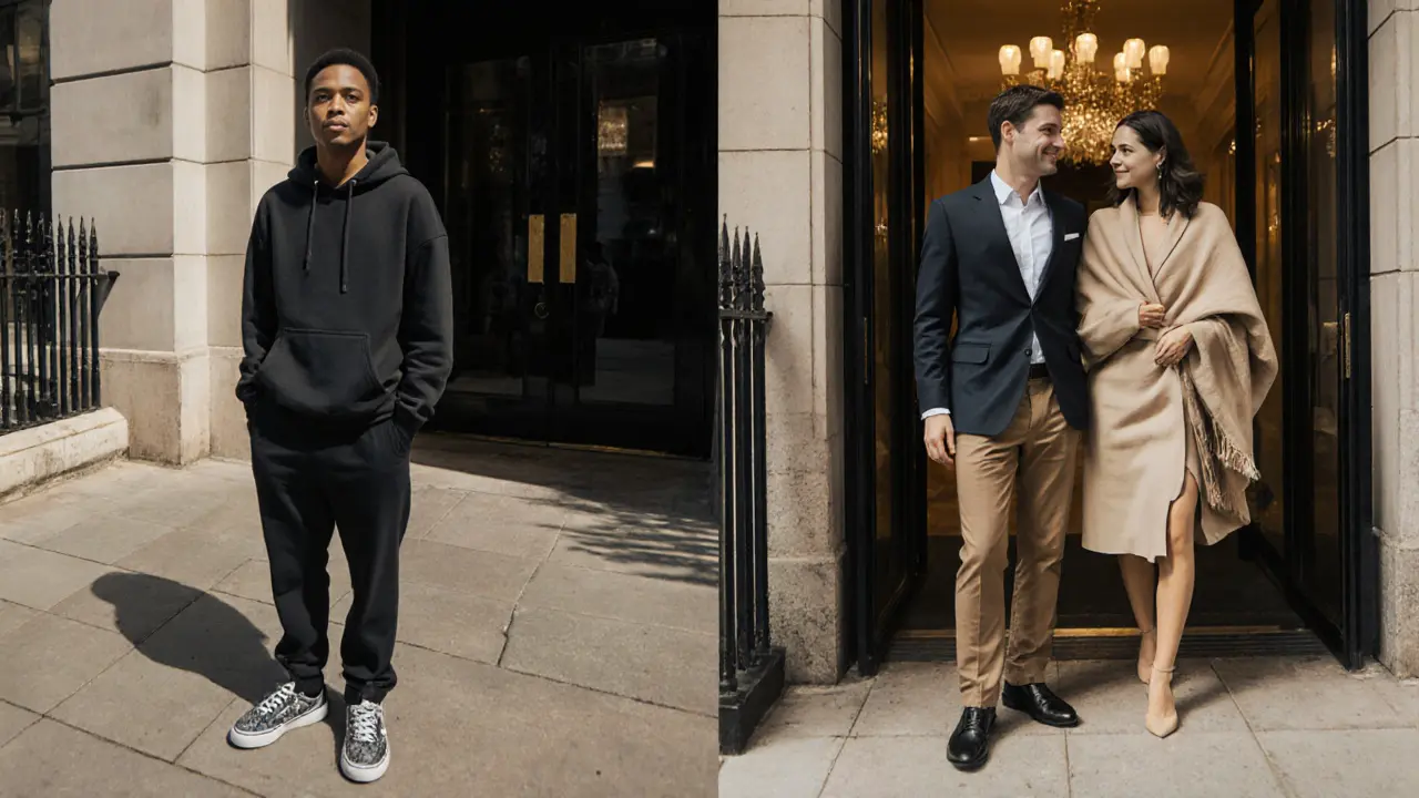 Contrast between casual attire and refined dress in a London high-society setting, highlighting social cues.