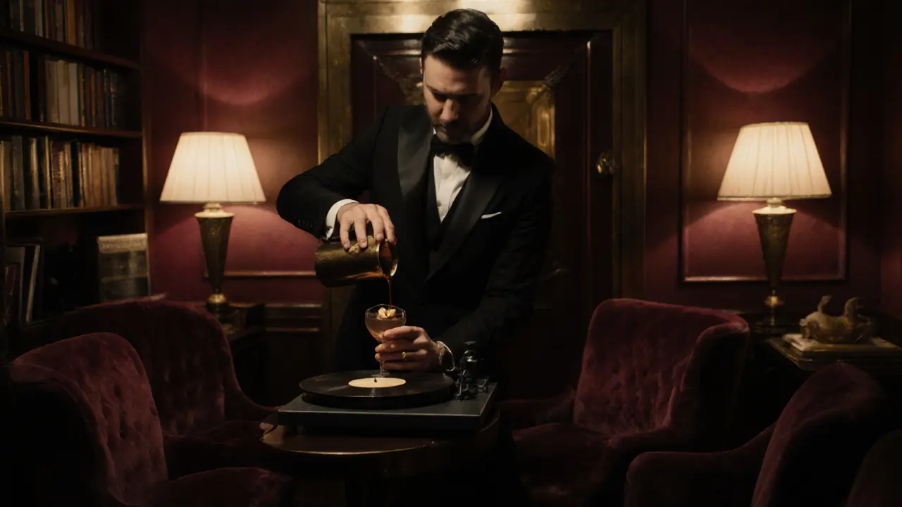 Cozy 1920s-style speakeasy bar with velvet chairs, jazz vinyl, and a bartender pouring a cocktail.