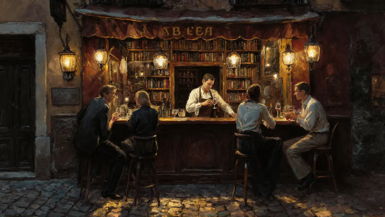 Cozy Brera wine bar with vintage decor, patrons in quiet conversation over Italian wine.