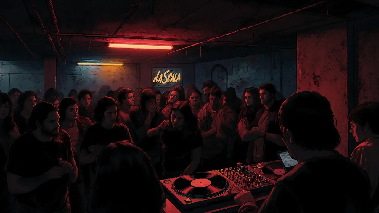 Crowd dancing in a dim underground club with concrete walls and red lighting, DJ behind turntables.