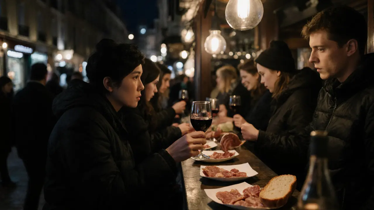 Crowded midnight snack bar with strangers eating charcuterie from paper plates under soft lights.