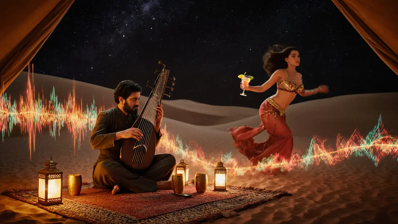 Desert-themed nightclub with traditional Oud music and glowing sound waves blending culture and modern beats.