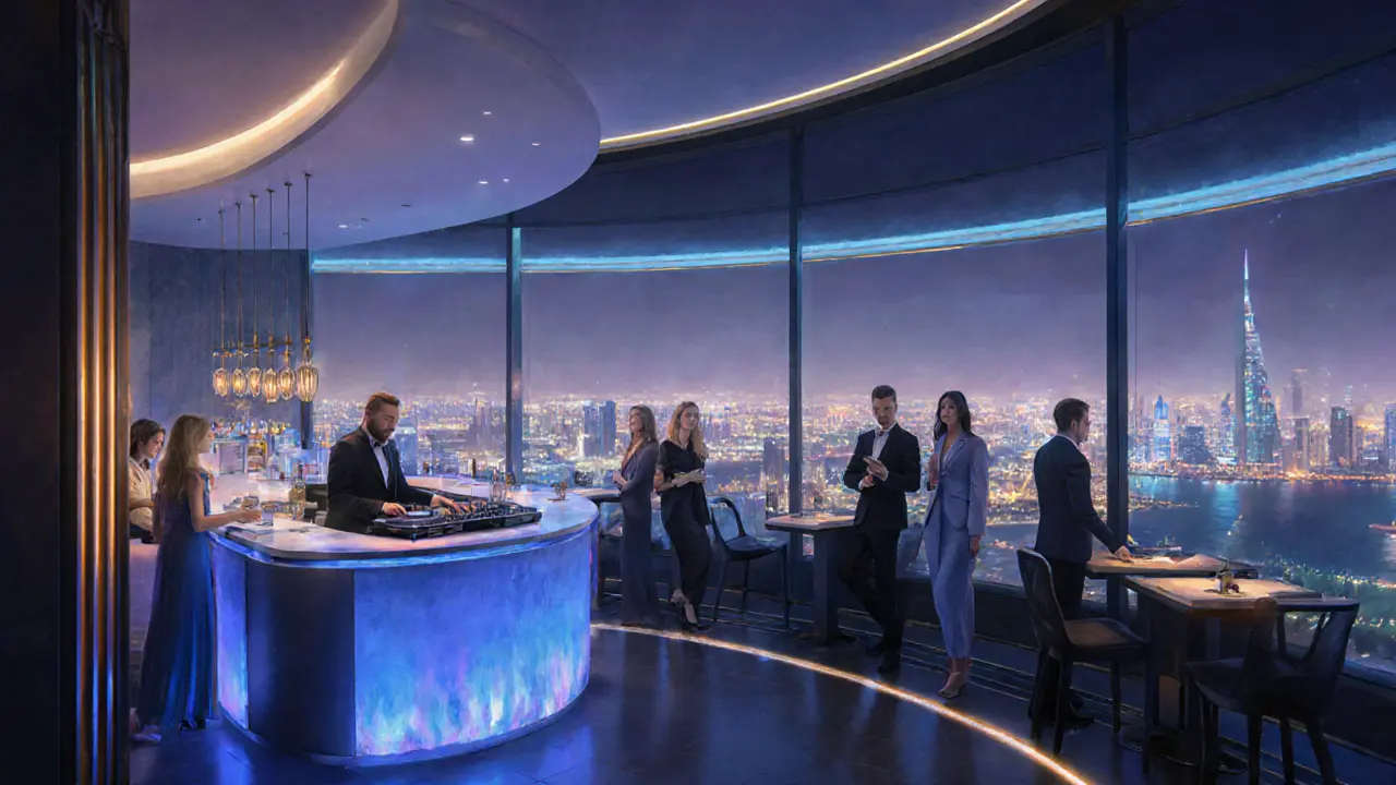 Elegant 360 Lounge with city lights and DJ spinning deep house in a quiet, upscale setting.