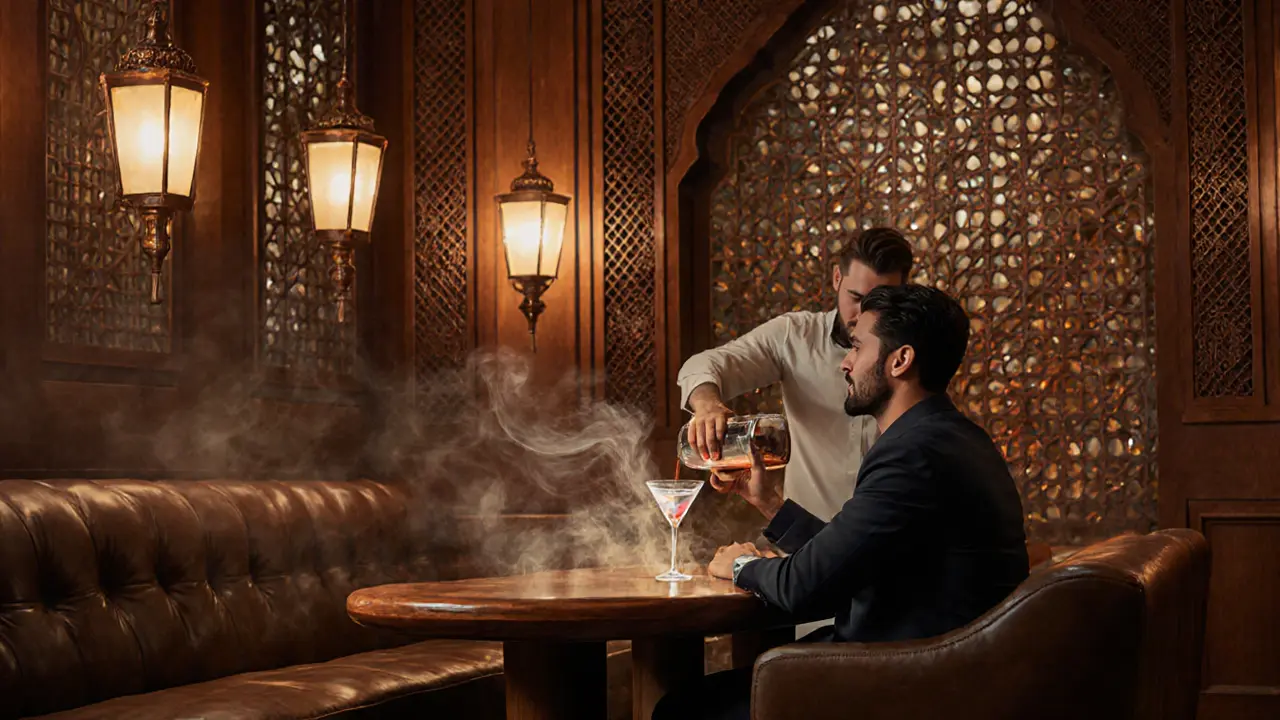 Elegant Al Maha Bar with Arabic latticework, lanterns, and a Date Martini being poured in a luxury resort setting.