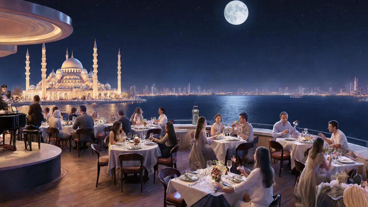 Elegant guests at Skyline Bar overlooking the illuminated Grand Mosque and sea at night.