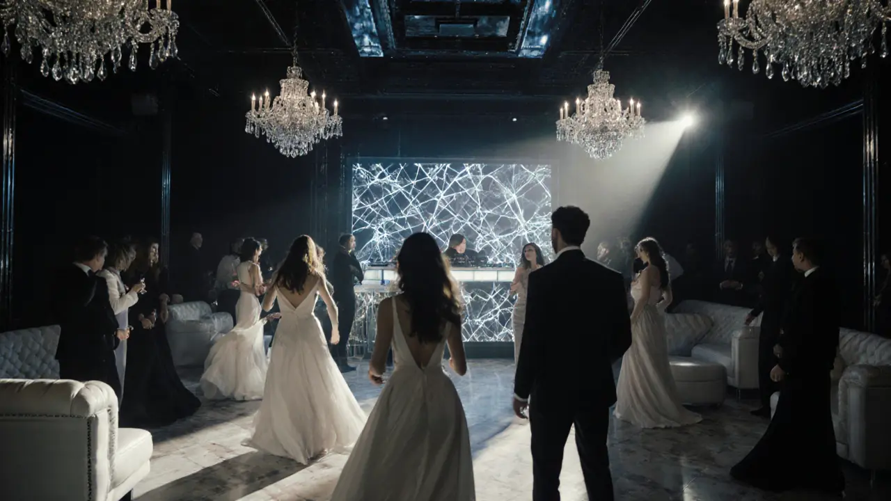 Elegantly dressed guests dancing under crystal chandeliers at White Dubai nightclub.