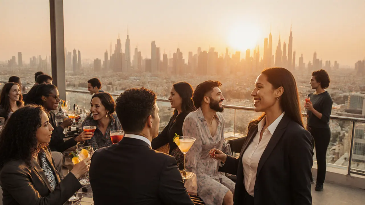 Expats socializing on a Dubai rooftop lounge at sunset, enjoying drinks with a personal trainer.