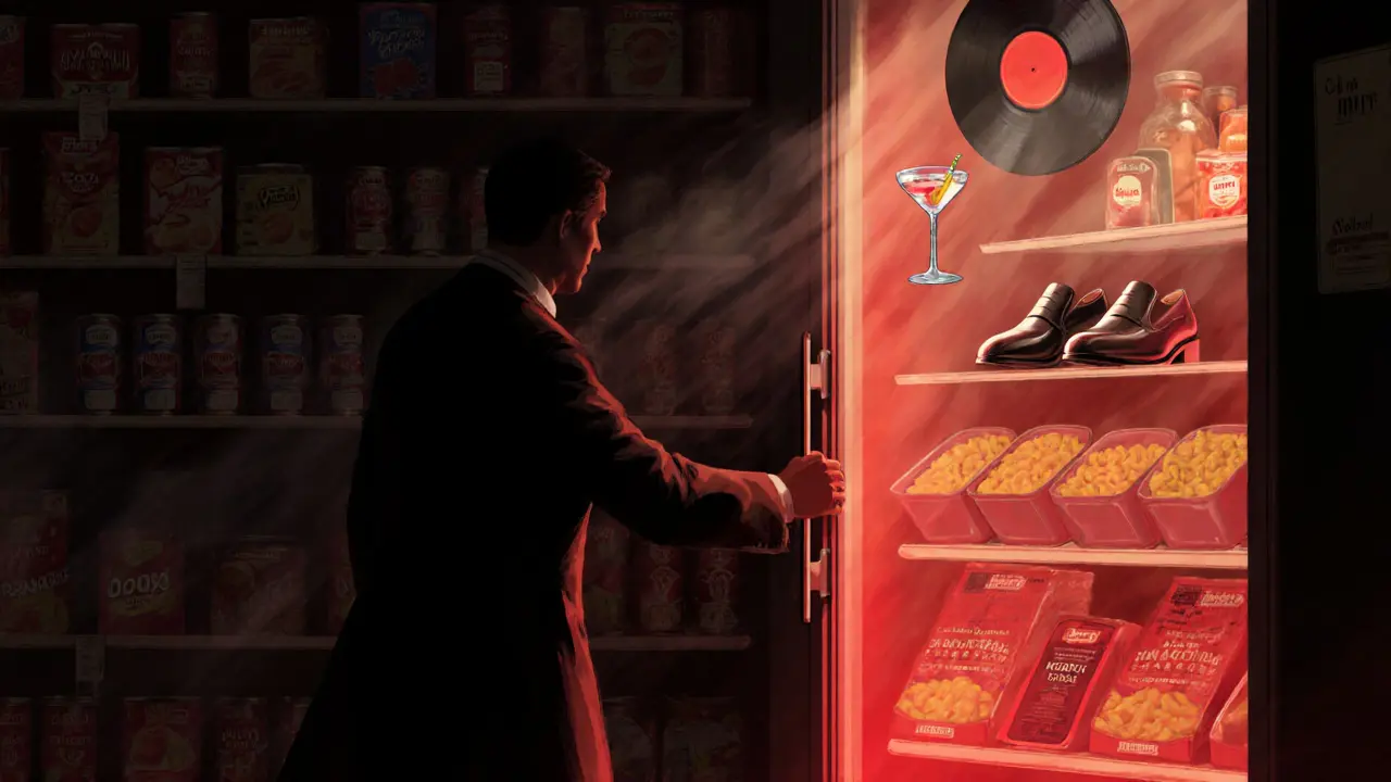 Hidden bar behind a fridge door glowing red, a figure reaching for the handle amid supermarket shelves.